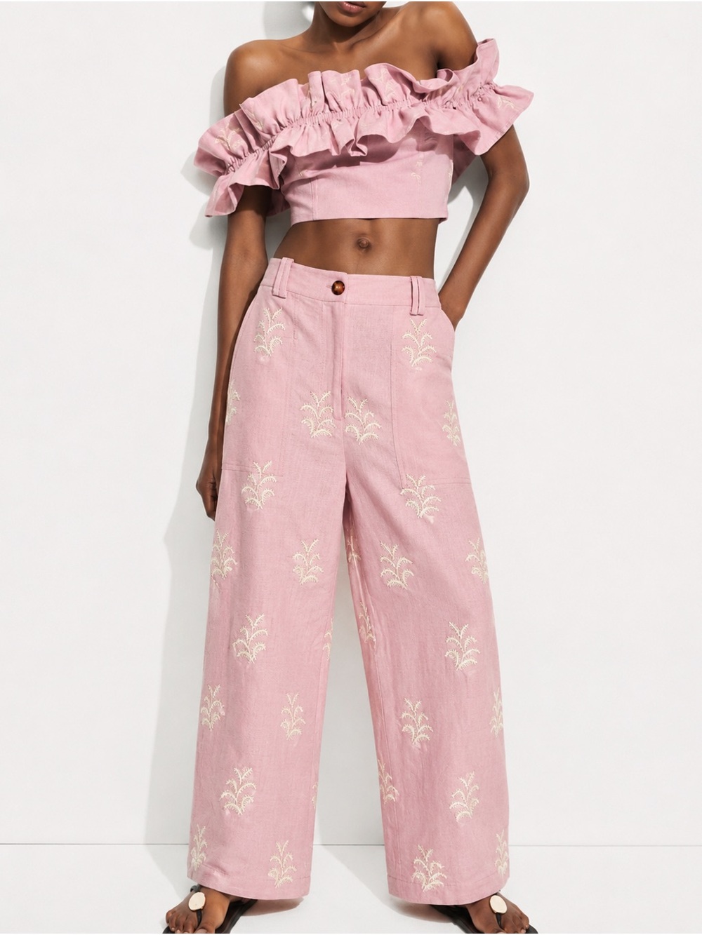 Zara Pink Embroidered Linen Blend Wide Leg Pants – Size M
